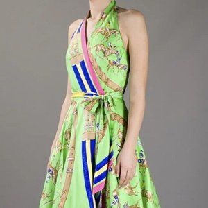 Ralph Lauren Women Green Halter Silk Equestrian Print Dress, Size 4